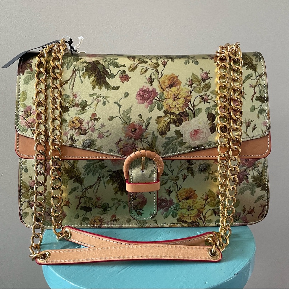Cavalcanti Italy Metallic Gold Floral Rose Print Leather Handbag Chain Strap NEW